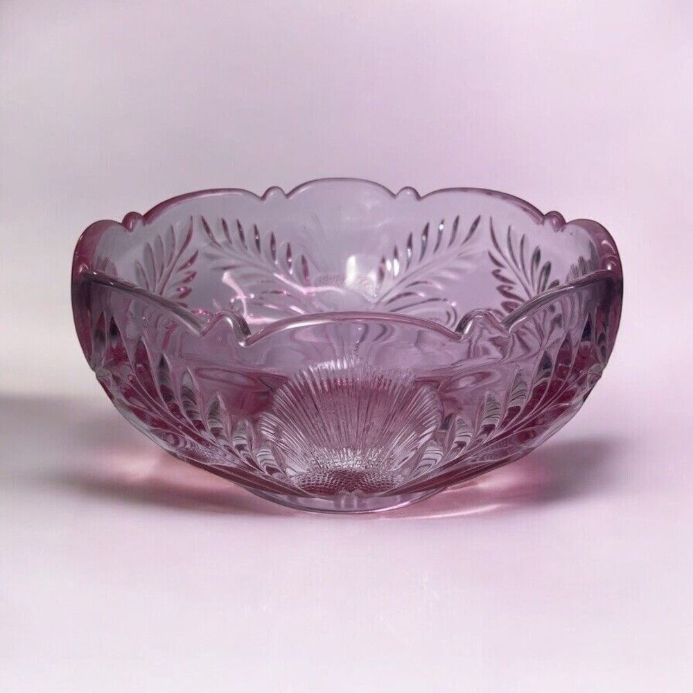 Vintage Mosser Inverted Thistle Rose Pink Footed 8” Round Serving Bowl MCM